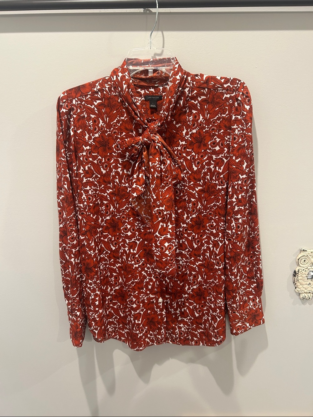 Ann Taylor Red Floral Bow-Tie Blouse